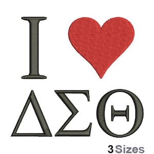 Op de afbeelding: Zwart-wit borduurwerk ontwerp van de letters I love Delta Sigma Theta. Het hart is rood.