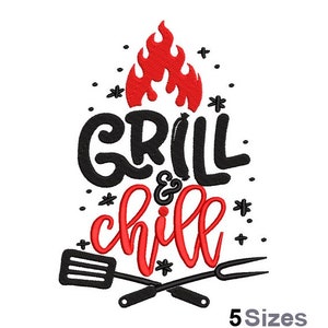May include: Black and red embroidery design with the text "Grill & Chill" and a spatula and grill fork.