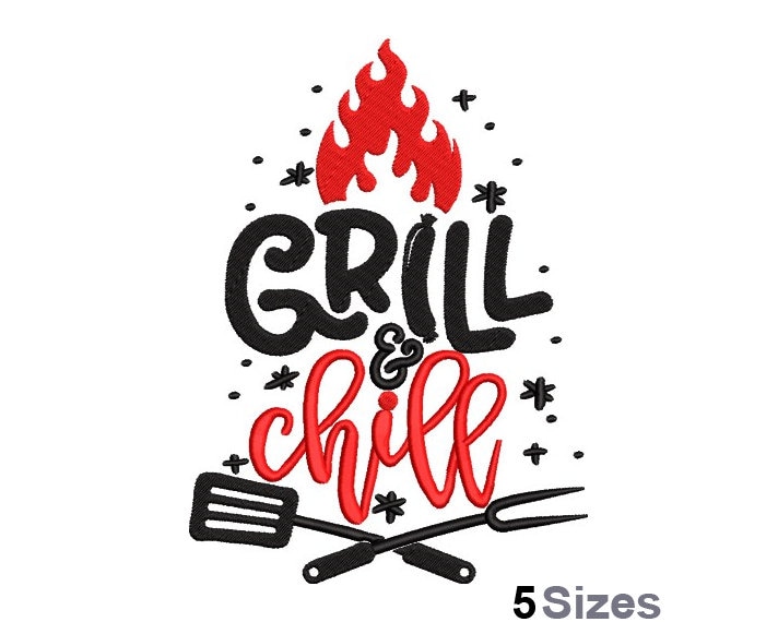 Grill And Chill - Machine Embroidery Design - 5 Sizes, Grill Fork & Spatula, Grill Fire Embroidery Design, Grilling Tools Embroidery Design