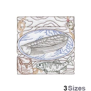 Fischerboot Multicolor Outline Quilt Block - Maschinenstickerei, Fisch Stickmuster, Angeltasche & Hakenstickerei