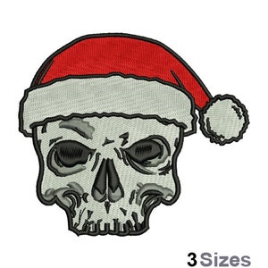 May include: A white skull wearing a red and white Santa hat. The skull has black eyes and a black outline.