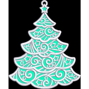 May include: A white outline of a Christmas tree with a teal green fill. The tree is decorated with swirls and stars.