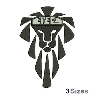 May include: Embroidered design of a lion's head with a crown featuring Hebrew text. The lion is black with a stylized mane and facial features. The text on the crown is in a light green color. The words "3 Sizes" are at the bottom.