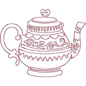 English Tea Redwork - Machine Embroidery Design, Teapot Redwork Embroidery Pattern, Teaware Embroidery, Kitchen Tea Pot Embroidery Design