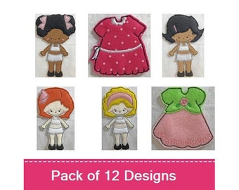 12 ITH Dresses For Small Felt Paperdolls - Machine Embroidery Designs PACK, In The Hoop Paper Doll Dress Embroidery, Includes Instructions