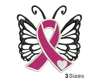 Butterfly Ribbon - Machine Embroidery Design - 3 Sizes, Pink Ribbon Embroidery Pattern, Awareness Ribbon Embroidery, Breast Cancer Ribbon