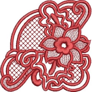 Könnte beinhalten: Rotes besticktes Eckendesign mit einem floralen Motiv und einem zarten Spitzenmuster.