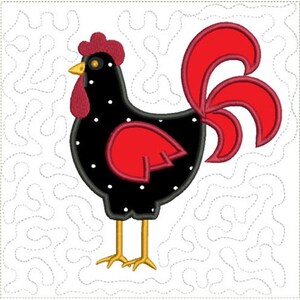 Könnte beinhalten: Ein schwarzer Hahn mit roten Akzenten und weißen Punkten steht auf einem weißen Hintergrund mit einem wirbelnden Muster. Der Hahn hat einen roten Kamm und einen roten Kehllappen, rote Flügel und einen roten Schwanz.