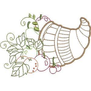 Cornucopia With Fruits - Machine Embroidery Design, Thanksgiving Cornucopia Outline, Apple, Pear & Cherry Embroidery, Autumn Fruit Harvest