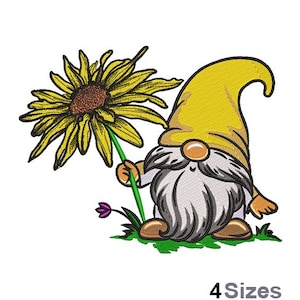 Sunflower Gnome - Machine Embroidery Design - 4 Sizes, Floral Gnome Embroidery Pattern, Gnome With Flower, Realistic Gnome Embroidery Design