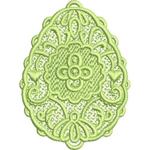 May include: A green embroidered lace design in the shape of an egg. The design features intricate floral patterns and swirls.