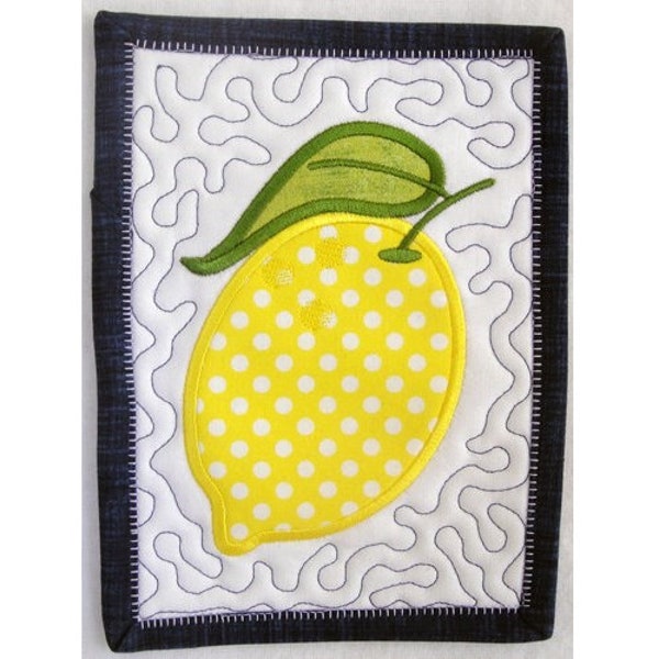 ITH Lemon Mug Rug - Machine Embroidery Project Design, In The Hoop Applique Luscious Lemon Mug Rug Embroidery Design - Includes Instructions