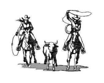 Team Roping Cowboys Silhouette - Machine Embroidery Design, Calf Roping Embroidery Pattern, Cowboys Chasing Calf Embroidery, Cowboy Lasso