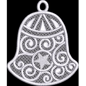 May include: White lace Christmas ornament shaped like a bell with a star in the center.