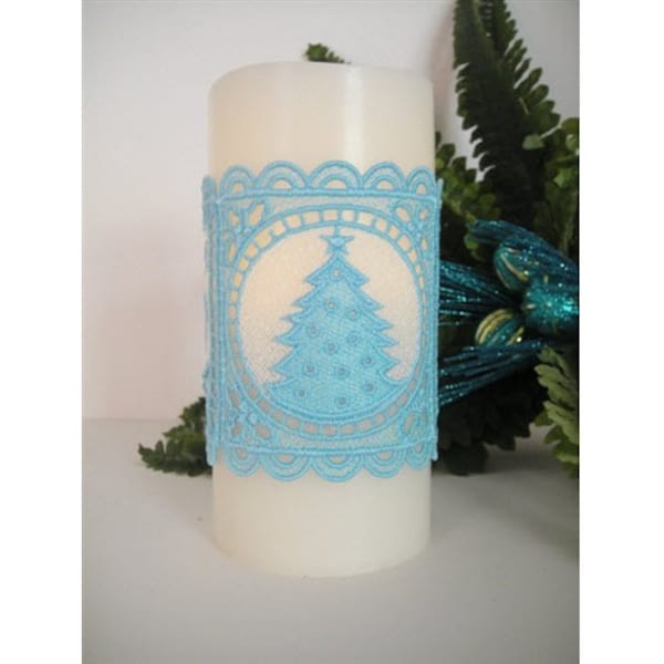 FSL Christmas Tree Candle Cover - Machine Embroidery Design, Freestanding Lace Candle Cover Embroidery Project Pattern, Xmas Candle Cover