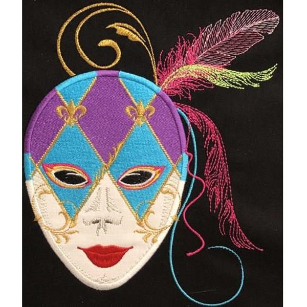 Masque de carnaval - motif de broderie Machine, applique de broderie murale Mardi Gras, masque de carnaval, instructions incluses