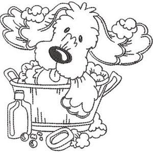 May include: A black and white line drawing of a dog taking a bath in a tub. The dog is covered in soap suds and has a happy expression on its face. There is a bottle of shampoo and a bar of soap next to the tub.