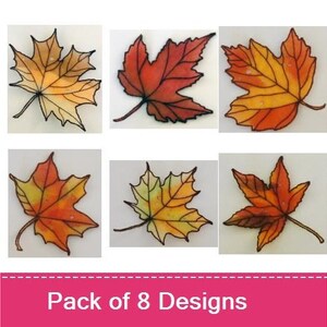 May include: A set of eight different designs of autumn leaves. The leaves are drawn in a simple style with black outlines and filled with shades of orange, yellow, and red.