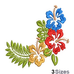 May include: Embroidered design featuring three hibiscus flowers in yellow, red, and blue with green leaves. The design is perfect for adding a tropical touch to any project.