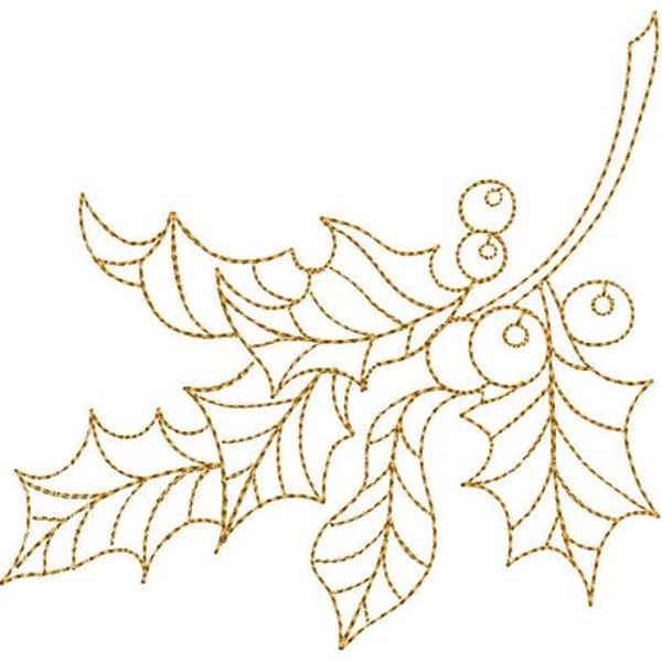 Golden Holly - Machine Embroidery Design, Christmas Holly Embroidery Pattern, Xmas Holly Leaves Embroidery Design