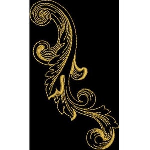 May include: A gold-colored decorative flourish with a swirling, leaf-like design. The design is intricate and detailed, with a black background.