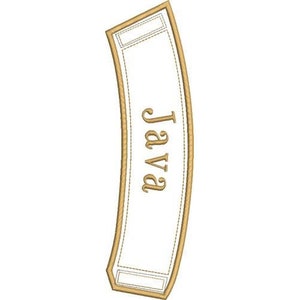 以下が含まれることがあります： 白い背景に金色の生地のパッチで、「Java」という単語が筆記体で書かれています