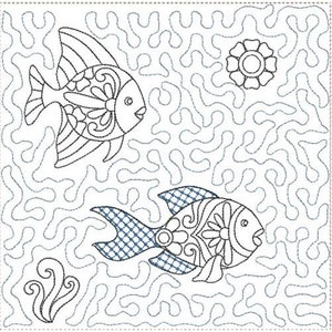 Könnte beinhalten: Eine Schwarzweiß-Zeichnung von zwei Fischen, die in einem Korallenriff schwimmen. Die Fische haben komplizierte Muster und sind von wirbelnden Linien umgeben.