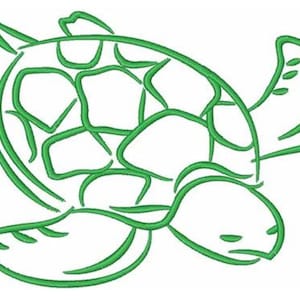 May include: A green line drawing of a sea turtle on a white background. The turtle's shell, flippers, and head are outlined with thick green lines. The design is simple and stylized, suitable for embroidery or a graphic.