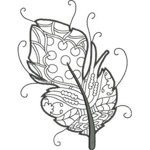 May include: A black and white line drawing of a stylized feather with intricate details and swirls.