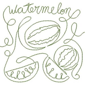 May include: A green line drawing of watermelons on a white background. The word "watermelon" is written in cursive above the fruit. The image includes whole and sliced watermelons.