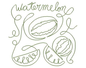 Free Motion Watermelon - Machine Embroidery Design, Free Motion Tea Towels Embroidery Pattern, Watermelon Towel, Includes Instructions