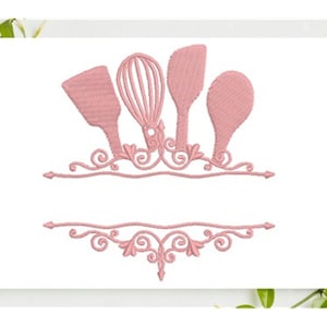 May include: A pink machine embroidery design featuring a whisk, a spatula, and two other kitchen utensils arranged above a decorative scrollwork frame with horizontal lines. The design is centred on a white background with the text 4 Sizes.