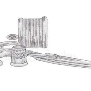 Könnte beinhalten: Eine Schwarzweißillustration von Nähzubehör, darunter eine Garnrolle, ein Fingerhut, eine Schere und zwei Knöpfe.