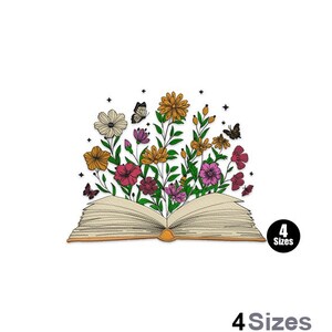 Öppna bokblommor - Maskinbroderidesign - 4 storlekar, broderimönster med blommig bok, broderidesign med läsebok, design med vildblommor