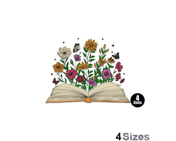 Open Book Flowers - Machine Embroidery Design - 4 Sizes, Floral Book Embroidery Pattern, Reading Book Embroidery Design, Wildflowers Design