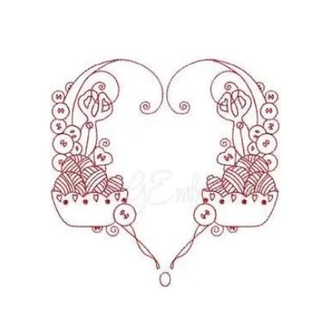 Redwork Sewing Basket Heart - Machine Embroidery Design, Redwork Heart ...