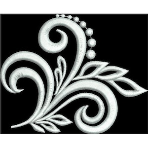 May include: A white, stylized floral design with swirling leaves and a beaded stem. The design is on a black background.
