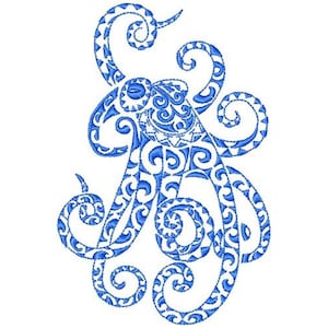 May include: A blue and white embroidered octopus design. The octopus has intricate swirling patterns throughout its body and tentacles. The design is on a white background. The image is a digital embroidery file.
