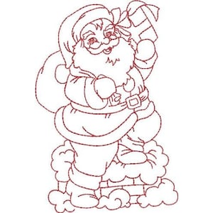 Op de afbeelding: Een lijntekening van Sinterklaas in rood, die met een zak vol cadeaus en een cadeau in zijn hand een schoorsteen afdaalt.