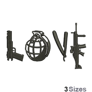 Love Weapons - Machine Embroidery Design - 3 Sizes, Firearm Embroidery Pattern, Grenade Embroidery, Straight Razor & Knife, Rifle Embroidery