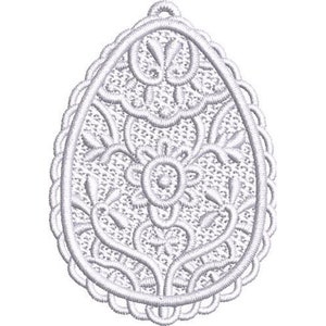 May include: White lace embroidery design of an ornate egg with a floral pattern.