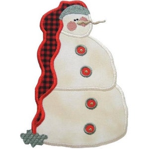 May include: A white snowman with a red and black plaid scarf and a gray hat. The snowman has three buttons and a carrot nose.