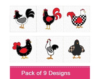 9 Chicken Feathers Quilt Blocks - Machine Embroidery Designs PACK, ITH Chicken Applique Stipple Quilt Block Design, Instructions Included