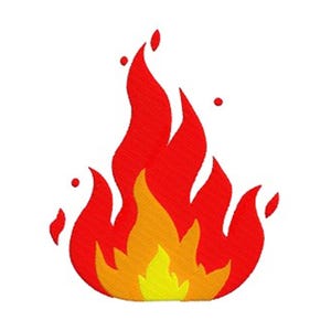 May include: An embroidery design of a stylized flame featuring a bright yellow center, an orange middle layer, and a vibrant red outer layer with several detached red flame droplets floating above and to the sides. The text 7 Sizes is visible.