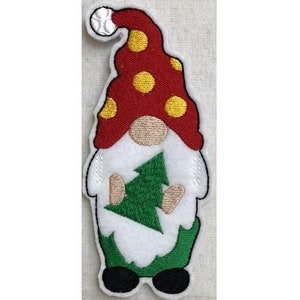 May include: Embroidered felt gnome patch with a red hat with yellow polka dots, a white beard, and a green Christmas tree.
