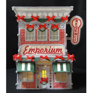 FSL & Applikation 3D Emporium - Maschinenstickerei, zweistöckiges viktorianisches Handelszentrum, Weihnachtsdorf Stickerei, inklusive Anleitung