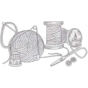 May include: A black and white illustration of sewing supplies, including a spool of thread, a ball of yarn, a thimble, scissors, and buttons.