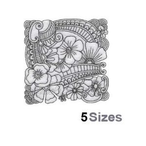 May include: Black and white line art embroidery design featuring a floral pattern with intricate details. The design includes a variety of flowers, leaves, and swirls. The text "5 Sizes" is visible below the design.