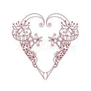 Redwork Sewing Heart - Machine Embroidery Design, Sewing Scissors Embroidery Pattern, Pin Cushion & Thimble Embroidery Design