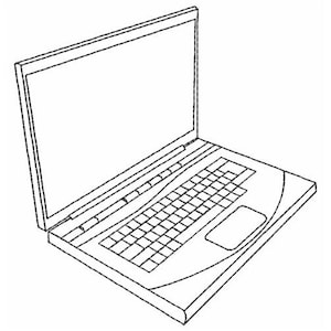 Peut inclure: Dessin au trait d'un ordinateur portable avec un écran ouvert. Le clavier et le pavé tactile sont visibles. L'ordinateur portable est en noir et blanc, avec un design simple et épuré. L'écran est vide.